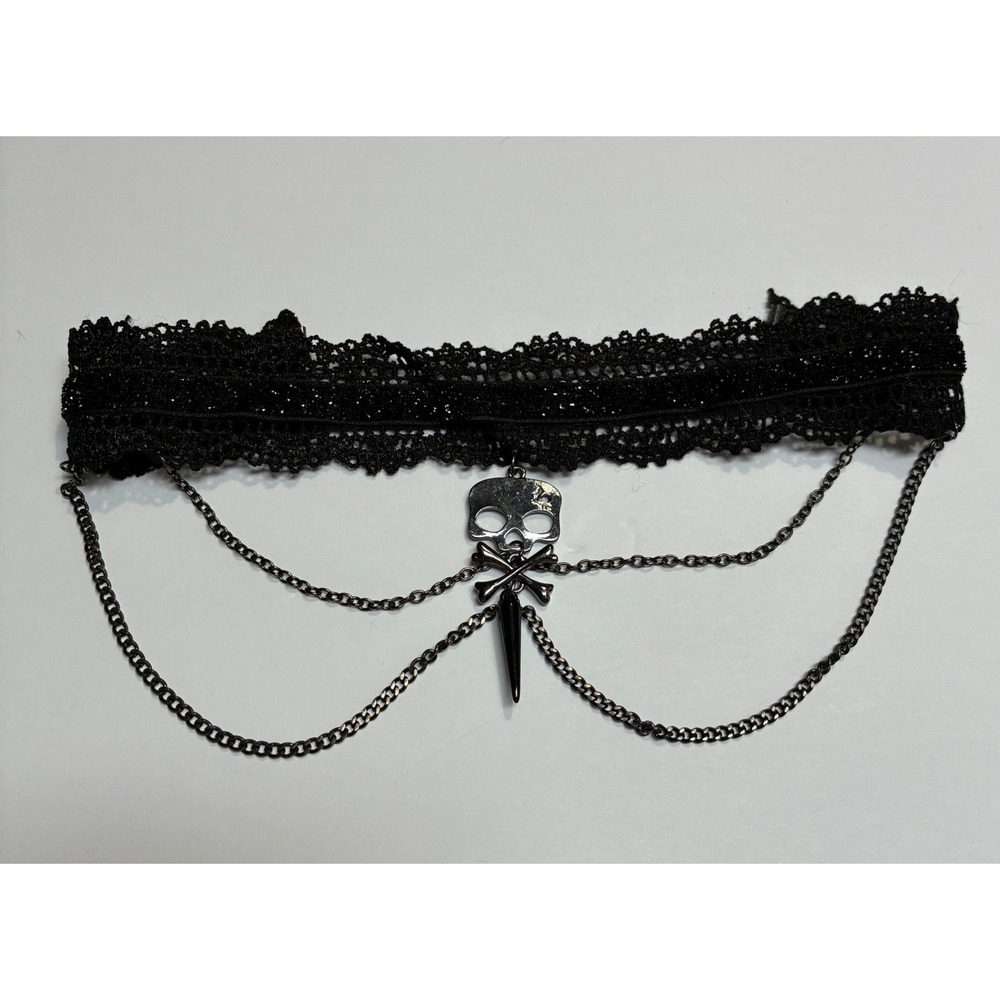 Black Lace Skull Choker Necklace Gothic Chain Spike Punk Emo Jewelry Whimsygoth